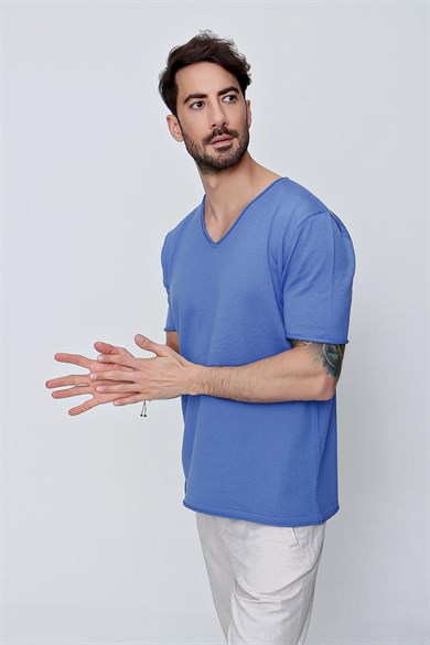 Chuba Erkek V Yaka Loose Fit Pamuklu İnce Triko T-Shirt İndigo  22SM204