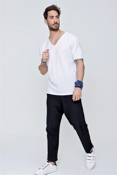 Chuba Erkek V Yaka Loose Fit Pamuklu İnce Triko T-Shirt Beyaz  22SM204