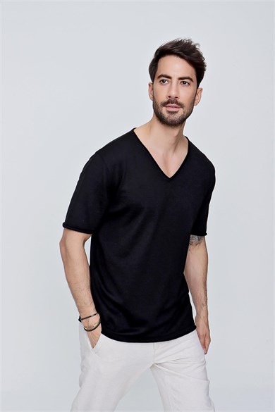 Chuba Erkek V Yaka Loose Fit Pamuklu İnce Triko T-Shirt Siyah  22SM204