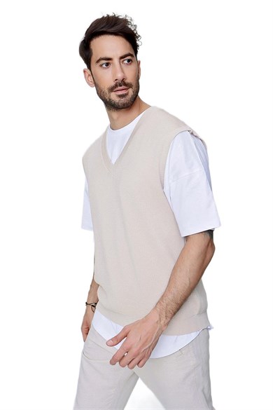 Chuba Erkek V Yaka Rahat Kalıp Pamuklu Triko Süveter Bej  22SM214