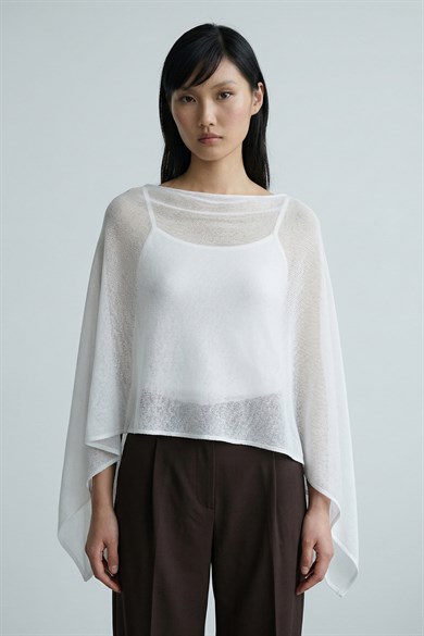 Chuba Kadın Asimetrik Transparan Triko Pelerin Panço Beyaz 26S3044
