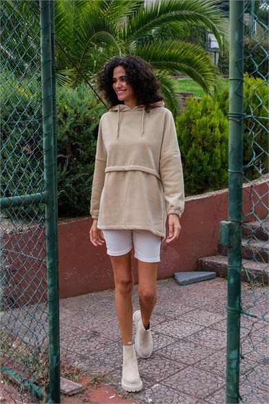 CHUBA Kadın Bej Kapüşonlu Oversize Outdoor Retro Polar Hoodie 22WK299
