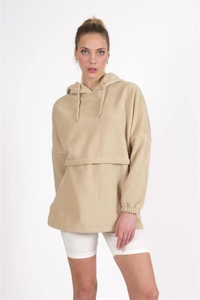 CHUBA Kadın Bej Kapüşonlu Oversize Outdoor Retro Polar Hoodie 22WK299