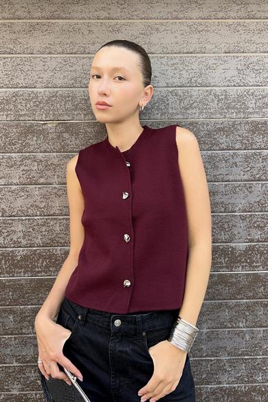 Chuba Kadın Bisiklet Yaka Gümüş Düğme Aksesuarlı Triko Yelek Bordo 26W3035