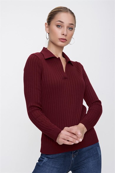 Chuba Kadın Bordo Polo Yaka Rahat Kalıp Fitilli İnce Triko Kazak 22WK203