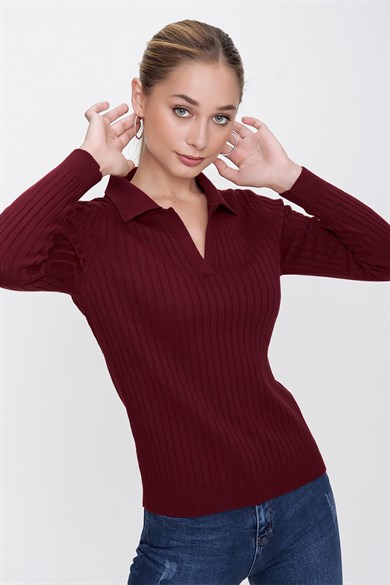 Chuba Kadın Bordo Polo Yaka Rahat Kalıp Fitilli İnce Triko Kazak 22WK203