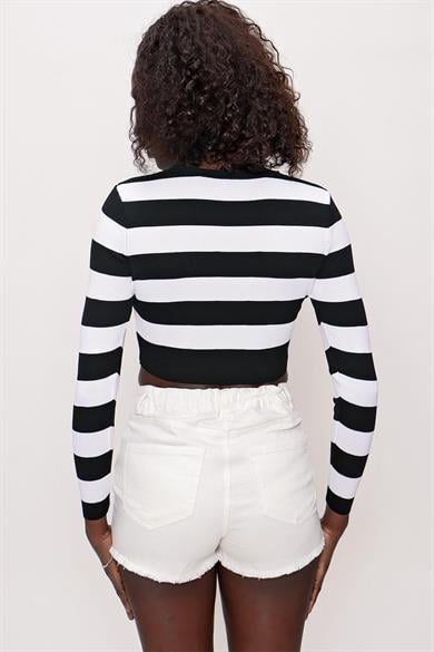 Chuba Kadın Çizgili Triko Crop Top Siyah-Ekru 22SW303