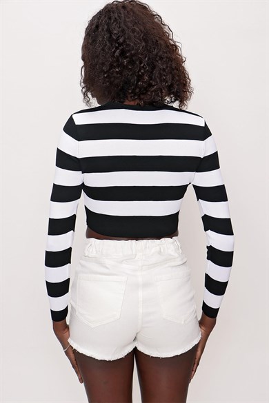 Chuba Kadın Çizgili Triko Crop Top Siyah-Ekru 22SW303