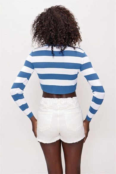 Chuba Kadın Çizgili Triko Crop Top İndigo-Ekru 22SW303