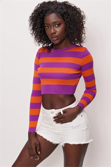 Chuba Kadın Çizgili Triko Crop Top Mor-Turuncu 22SW303