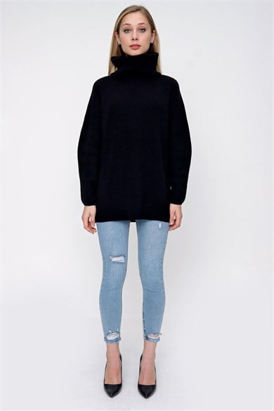 Chuba Kadın Degaje Yaka Uzun Selanik Triko Kazak Siyah 22WK258