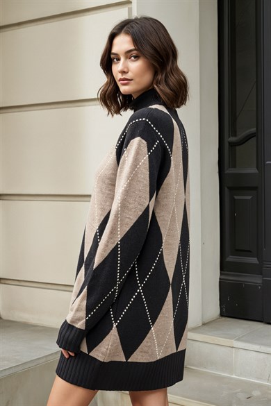 Chuba Kadın Dik Yaka Baklava Desenli Kazak Elbise Siyah-Vizon 26W3037