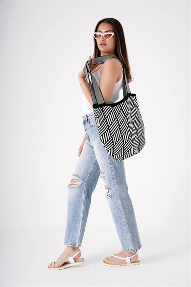 Chuba Kadın Etnik Bohem Triko Örgü Shopper Askılı Gündelik El & Omuz Çantası CHAX811 Siyah