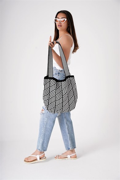 Chuba Kadın Etnik Bohem Triko Örgü Shopper Askılı Gündelik El & Omuz Çantası CHAX811 Siyah