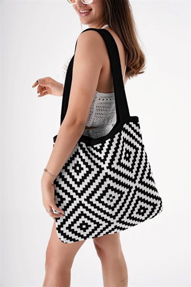 Chuba Kadın Etnik Desen Triko Örgü Gündelik Shopper El & Omuz Çantası CHAX810 Siyah