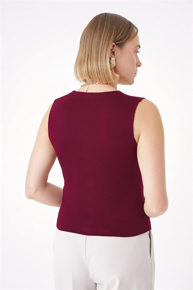 Chuba Kadın Gold Düğmeli Dokulu Regular Fit Triko Yelek Bordo 25W3001