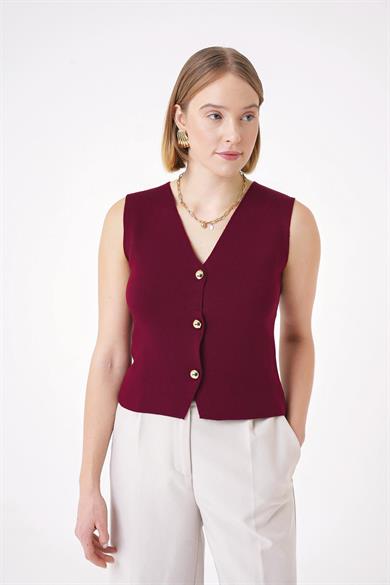 Chuba Kadın Gold Düğmeli Dokulu Regular Fit Triko Yelek Bordo 25W3001