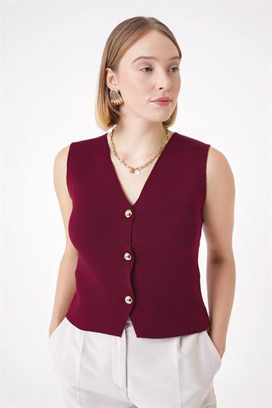 Chuba Kadın Gold Düğmeli Dokulu Regular Fit Triko Yelek Bordo 25W3001