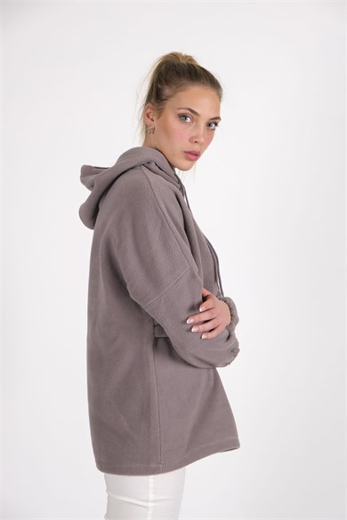 CHUBA Kadın Gri Kapüşonlu Oversize Outdoor Retro Polar Hoodie 22WK299