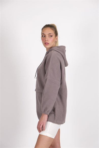 CHUBA Kadın Gri Kapüşonlu Oversize Outdoor Retro Polar Hoodie 22WK299