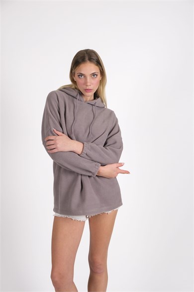 CHUBA Kadın Gri Kapüşonlu Oversize Outdoor Retro Polar Hoodie 22WK299