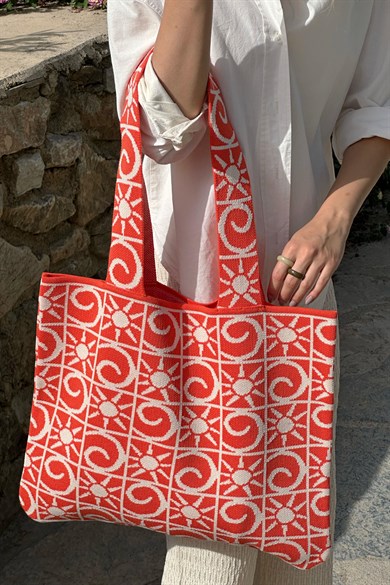 Chuba Kadın Güneş Jakar Desenli Triko El&Omuz Plaj Çantası Turuncu-Vanilya CHAX815