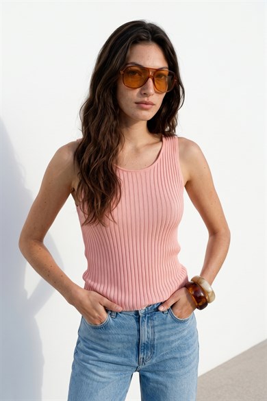 Chuba Kadın Havuz Yaka Fitilli İnce Pamuklu Triko Atlet Pembe 23S1015