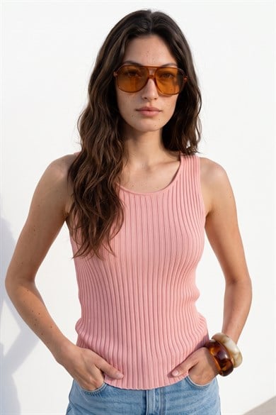 Chuba Kadın Havuz Yaka Fitilli İnce Pamuklu Triko Atlet Pembe 23S1015