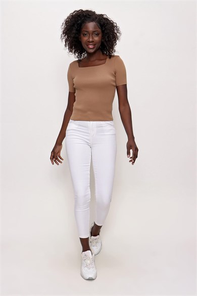 Chuba Kadın Kare Yaka Kısa Kollu İnce Triko Kazak Bej 22SW314