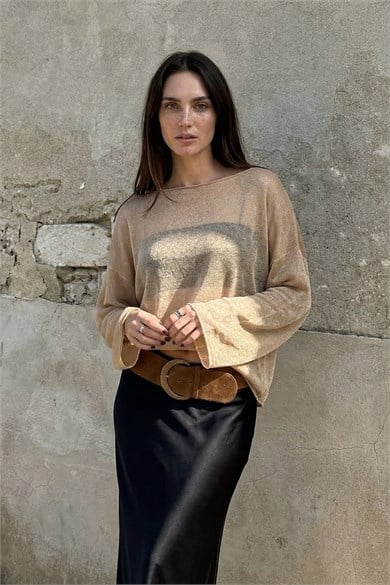 Chuba Kadın Kayık Yaka Dökümlü Transparan Triko Bluz Taba 26S3043