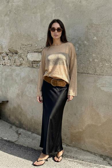 Chuba Kadın Kayık Yaka Dökümlü Transparan Triko Bluz Taba 26S3043