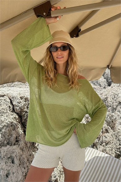 Chuba Kadın Kayık Yaka Dökümlü Transparan Triko Bluz Yeşil 26S3043