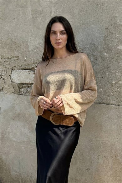 Chuba Kadın Kayık Yaka Dökümlü Transparan Triko Bluz Taba 26S3043
