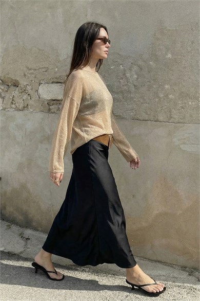 Chuba Kadın Kayık Yaka Dökümlü Transparan Triko Bluz Taba 26S3043