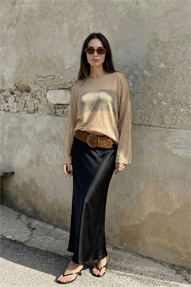 Chuba Kadın Kayık Yaka Dökümlü Transparan Triko Bluz Taba 26S3043