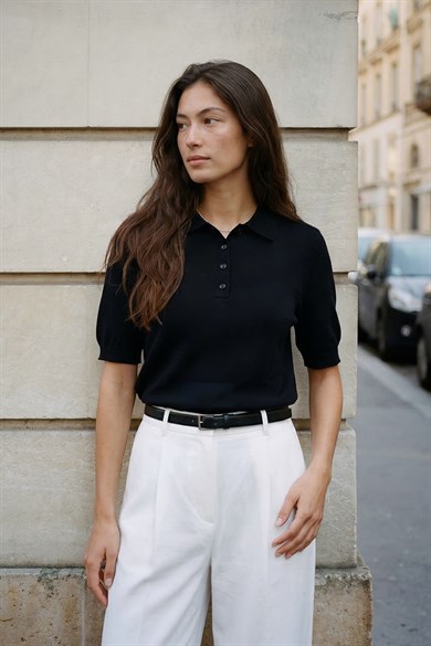 Chuba Kadın Kısa Kollu Düğmeli Polo Yaka Triko Kazak Siyah 26S3042