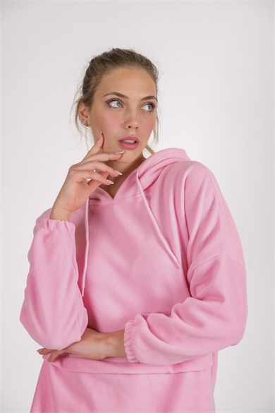 CHUBA Kadın Pembe Kapüşonlu Oversize Outdoor Retro Polar Hoodie 22WK299