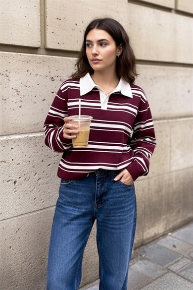 Chuba Kadın Polo Yaka Çizgili Düğmeli Triko Kazak Rugby Shirt Bordo-Beyaz 26W3036