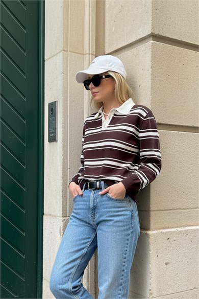Chuba Kadın Polo Yaka Çizgili Düğmeli Triko Kazak Rugby Shirt Kahve-Beyaz 26W3036