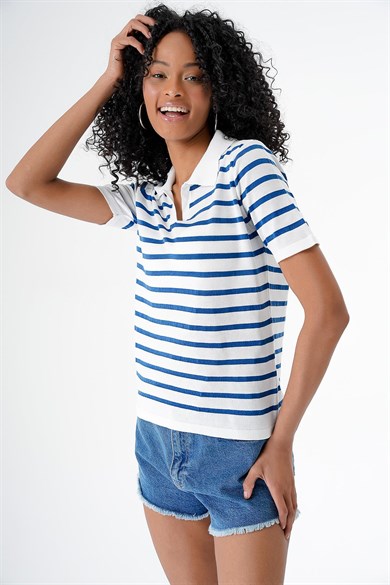 Chuba Kadın Polo Yaka Kısa Kollu Çizgili Triko T-Shirt Beyaz-Navy 24S157