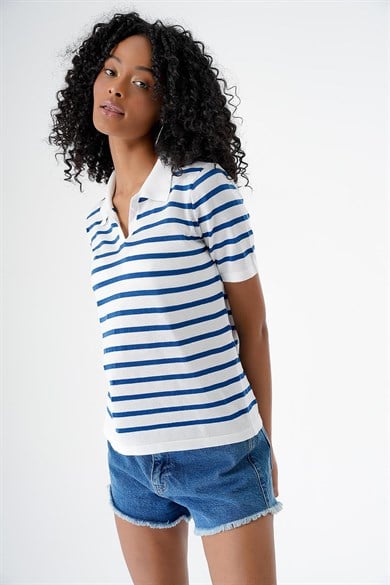 Chuba Kadın Polo Yaka Kısa Kollu Çizgili Triko T-Shirt Beyaz-Navy 24S157