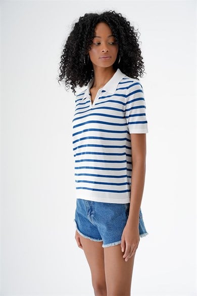 Chuba Kadın Polo Yaka Kısa Kollu Çizgili Triko T-Shirt Beyaz-Navy 24S157