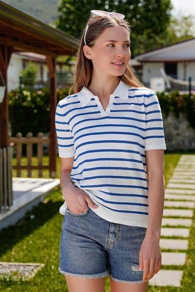 Chuba Kadın Polo Yaka Kısa Kollu Çizgili Triko T-Shirt Beyaz-Navy 24S157