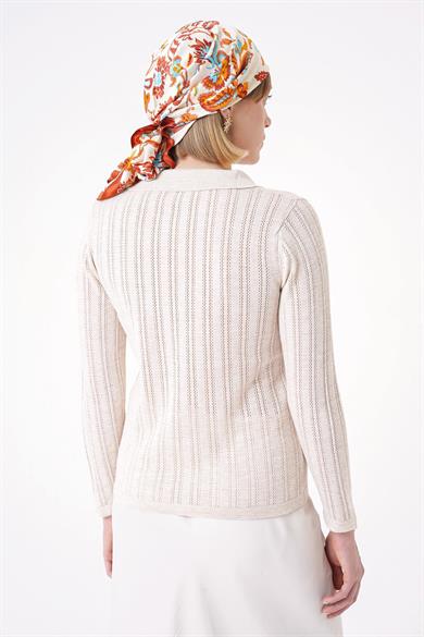 Chuba Kadın Polo Yaka Örgü Detaylı Regular Fit Triko Kazak Bej 25W3004