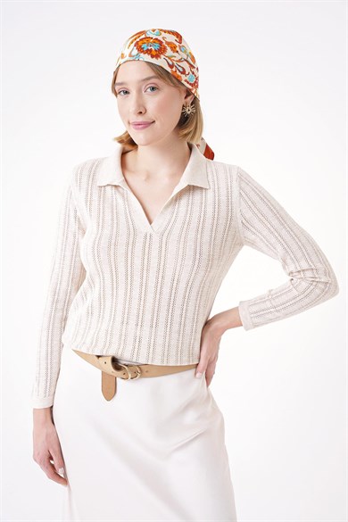 Chuba Kadın Polo Yaka Örgü Detaylı Regular Fit Triko Kazak Bej 25W3004