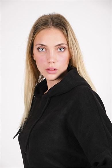 CHUBA Kadın Siyah Kapüşonlu Oversize Outdoor Retro Polar Hoodie 22WK299
