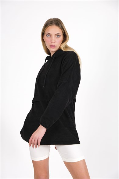 CHUBA Kadın Siyah Kapüşonlu Oversize Outdoor Retro Polar Hoodie 22WK299