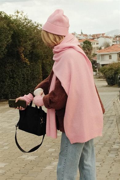 Chuba Kadın Triko Atkı & Bere & Eldiven Üçlü Takım Set Pembe 26W5006
