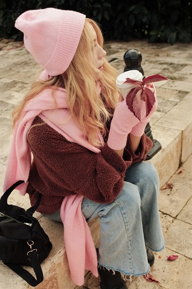 Chuba Kadın Triko Atkı & Bere & Eldiven Üçlü Takım Set Pembe 26W5006