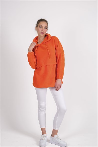 CHUBA Kadın Turuncu Kapüşonlu Oversize Outdoor Retro Polar Hoodie 22WK299